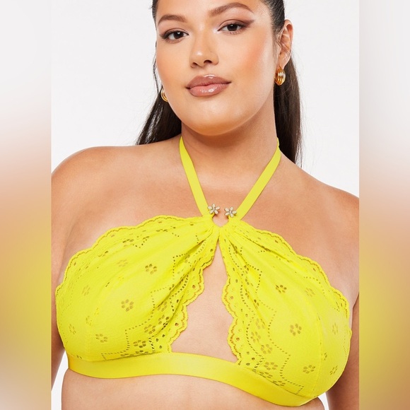 Savage X Fenty Women's Size 1X Bombshell Broderie Lace Halter Bralette Yellow - Picture 1 of 12